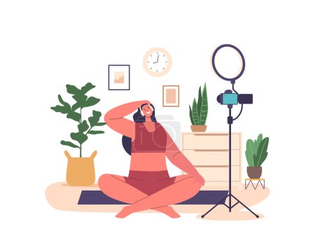 Illustration for Female Pilates Blogger Character Shares Fitness Tips, Routines And Lifestyle Advice On Her Blog. Empowering Women To Lead Healthy And Balanced Life Through Pilates. Cartoon People Vector Illustration - Royalty Free Image