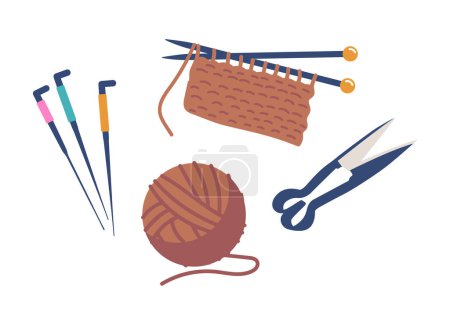 Illustration for Clew And Knitting Needles, are Essential Tools For Knitting. The Clew Holds The Yarn, While Needles Create Intricate Patterns By Looping And Weaving The Yarn Together. Cartoon Vector Illustration - Royalty Free Image