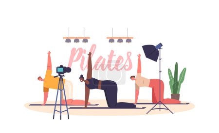 Illustration for Group Of Characters Record Video For Pilates Blog, Sharing Fitness Tips, Exercises, And Lifestyle Advice To Inspire And Empower People On their Healthier And Balanced Life. Cartoon Vector Illustration - Royalty Free Image