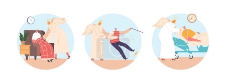 Illustration for Isolated Round Icons of Angel Guardians Protect And Support Elderly People, Guiding Them Through Challenges And Offering Comfort at Home and Hospital. Cartoon Vector Illustration - Royalty Free Image