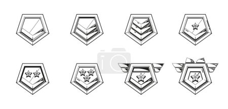 Illustration for Black and White Rank Badges, Vector Monochrome Symbols Worn On Uniforms To Indicate An Individual Position Or Authority Within A Particular Organization, Such As Military, Police, Or Scouting Groups - Royalty Free Image