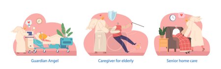 Illustration for Isolated Elements with Angel Guardians Protect And Support Elderly People, Guiding Them And Offering Comfort at Home and Hospital. A Reassuring Presence For Those In Need. Cartoon Vector Illustration - Royalty Free Image