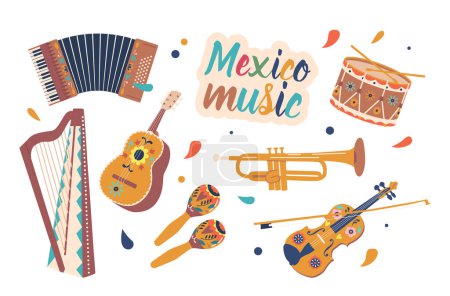 Illustration for Set Of Mexican Musical Instruments Mariachi Trumpet, Vihuela or Guitarron. Harp, Accordion and Maracas with Drum or Violin. They Create Vibrant And Lively Sounds Of Mexico. Cartoon Vector Illustration - Royalty Free Image