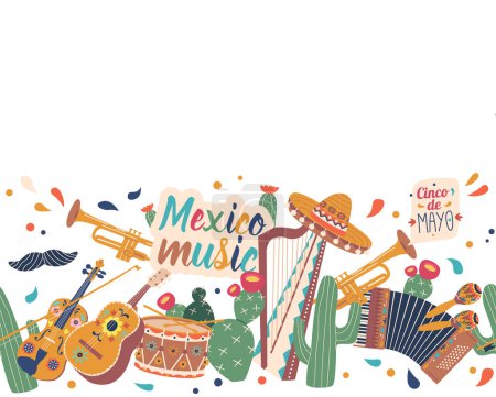 Téléchargez les illustrations : Vibrant motif sans couture mettant en vedette des instruments de musique mexicains traditionnels comme Maracas, Guitarron, et trompette, harpe, batterie et violon. Fond d'écran horizontal ou frontière. Illustration vectorielle de bande dessinée - en licence libre de droit