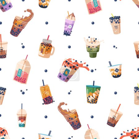 Illustration for Delightful Seamless Pattern Featuring Colorful Bubble Tea Cups, Pearls, Splashes And Fun Toppings, Creating A Whimsical And Trendy Design Perfect For Any Beverage Lover. Cartoon Vector Illustration - Royalty Free Image