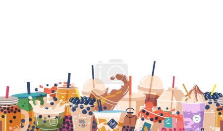 Illustration for Seamless Pattern Featuring Bubble Tea Cups In Vibrant Colors, Creating A Playful And Refreshing Design For Wallpaper, Kithcen or Cafe. Horizontal Border. Cartoon Vector Illustration - Royalty Free Image