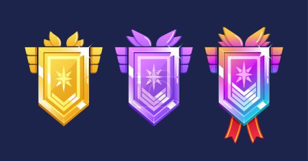Illustration for Game Level Metallic Ui Icons, Gold, Platinum and Rainbow Achievement Badges, Shields or Banners with Wings, Stars and Ribbon. Isolated Metal Award Or Bonus Elements, Reward, Trophy Vector Set For Rpg - Royalty Free Image