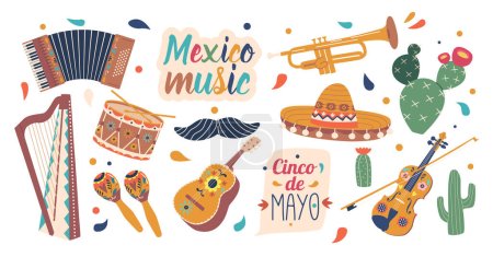 Illustration for Set Of Mexican Musical Instruments. Maracas, Guitarron, Accordion, And Trumpet, Harp, Drum and Violin. Sombrero, Cactus and Mustaches Creating Traditional Mexican Music. Cartoon Vector Illustration - Royalty Free Image