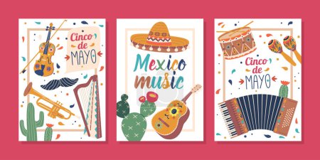 Illustration for Colorful Banners With Mexican Musical Instruments, Celebrating Vibrant Culture Of Mexico. Mariachi Guitar, Maracas, Trumpet, And Harp, Perfect For Fiestas And Festivities. Cartoon Vector Illustration - Royalty Free Image
