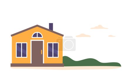 Illustration for Charming Cottage On Quaint Street at Summertime Landscape with Green Grass and Clouds in Sky. Rustic Welcoming Exterior Exudes Warmth, Making It A Cozy And Idyllic Retreat. Cartoon Vector Illustration - Royalty Free Image