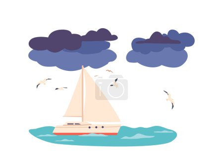 Ilustración de Lujoso yate deslizándose con gracia en el tranquilo mar, rodeado de impresionantes aguas azules y un horizonte sin fin, que ofrece una experiencia serena e indulgente. Ilustración de vectores de dibujos animados - Imagen libre de derechos