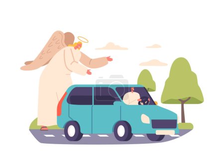 Illustration for Angel Keeper Character Protects Car Driver On The Road, Acting As A Guardian Angel During Journeys To Ensure Safety And Prevent Accidents. Cartoon People Vector Illustration - Royalty Free Image