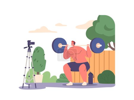 Illustration for Dynamic Vlogger Male Character Shares Invigorating Power Exercise Routines And Motivates Viewers In Their Fitness Journey To Stay Active Through Engaging Video Content. Cartoon Vector Illustration - Royalty Free Image