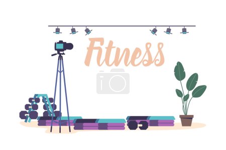 Illustration for Fitness Studio Interior With Camera, Dumbbells and Equipment. A Cutting-edge Sports Center Equipped For Virtual Classes, Providing Interactive Workouts Worldwide. Cartoon Vector Illustration - Royalty Free Image