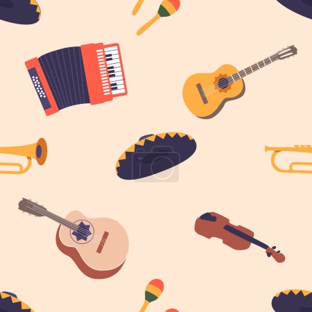 Illustration for Vibrant Seamless Pattern Featuring Traditional Mexican Musical Instruments and Sombrero. Guitars, Maracas, And Trumpets, Violin, Accordion and Guitarron, Creating Culturally Rich Cartoon Vector Design - Royalty Free Image