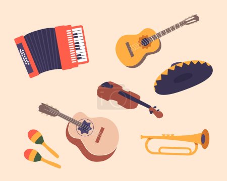 Illustration for Set Of Mexican Musical Instruments and Sombrero. Maracas, Guitarron, Accordion, And Trumpet, Guitar and Violin, Creating Traditional Mexican Music. Cartoon Vector Illustration Isolated Icons Clipart - Royalty Free Image