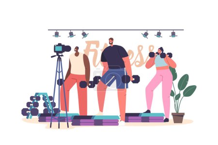 Illustration for Influencer-led Power Exercise Vlog, Showcasing High-intensity Workouts, Strength Training, And Motivational Tips For Viewers To Boost Their Fitness And Achieve Their Goals. Cartoon Vector Illustration - Royalty Free Image