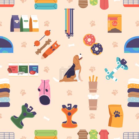 Illustration for Playful Seamless Pattern with Pet Store Items Featuring Colorful Accessories Like Toys, Harness, Clothes, Collars, And Treats, Perfect For Animal-loving Designs. Cartoon Vector Illustration - Royalty Free Image