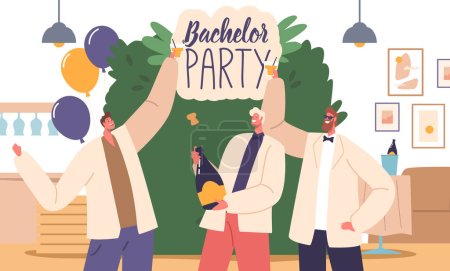 Illustration for Male Characters Celebrate Bachelor Party Organized By The Groom-to-be Man, With Fun Activities, Drinks, And Night Out With Friends Before The Wedding. Cartoon People Vector Illustration - Royalty Free Image