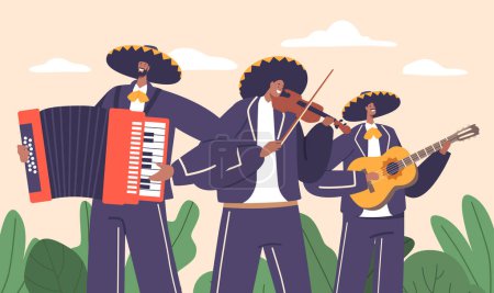 Téléchargez les illustrations : Mariachi Musicians Band, interprètes qualifiés, portant l'habit mexicain traditionnel, jouant des mélodies émouvantes avec la guitare, l'accordéon et le violon, évoquant l'esprit de célébration. Illustration vectorielle de bande dessinée - en licence libre de droit