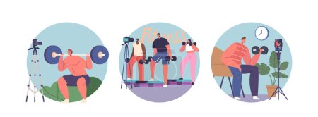 Illustration for Isolated Round Icons or Avatars of Power Exercise Tutor Characters Conduct Dynamic Workouts, Offering Motivational Tips, And Inspiring To Embrace Healthy Lifestyle. Cartoon People Vector Illustration - Royalty Free Image