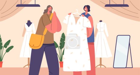 Illustration for Woman Character Selects Wedding Dress In Salon Amidst An Array Of Gowns, Assisted By Consultants Offering Personalized Advice And Fitting Expertise. Cartoon People Vector Illustration - Royalty Free Image