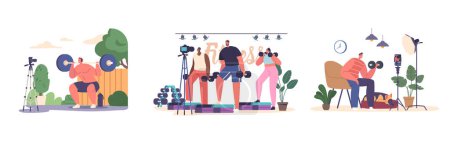Illustration for Characters Host A Power Exercise Vlog, Showcasing Dynamic Workouts, Offering Motivational Tips, And Inspiring Viewers To Embrace A Healthy And Active Lifestyle. Cartoon People Vector Illustration - Royalty Free Image