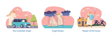Illustration for Isolated Elements with Angel Guardian Characters Offer Divine Support And Safeguarding, Ensuring Comfort And Safety For People. Protection in Car or Sail Boat Travel, Save Home. Vector Illustration - Royalty Free Image