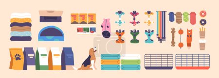 Illustration for Comprehensive Pet Store Equipment Set Includes Pet Food, Grooming Tools, Kennels, And Toys. Perfect For New Or Established Pet Stores Catering To Various Animal Needs. Cartoon Vector Illustration - Royalty Free Image