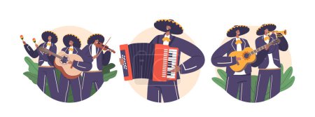 Téléchargez les illustrations : Isolés icônes rondes ou Avatars de Mariachi Musicien Band Jouer des instruments mexicains traditionnels comme trompette, violon, et guitare, accordéon et maracas, apporter une expérience culturelle authentique - en licence libre de droit