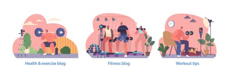 Illustration for Isolated Elements with Tutor Characters Host A Power Exercise Vlog, Offering Motivational Tips, And Inspiring Viewers To Embrace A Healthy And Active Lifestyle. Cartoon People Vector Illustration - Royalty Free Image