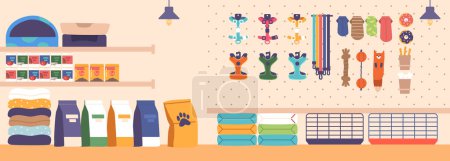 Ilustración de Interior de la tienda de mascotas con pantallas coloridas de suministros de animales, juguetes y golosinas. Cómoda zona con jaulas, comida, camas y accesorios para clientes y amigos peludos. Ilustración de vectores de dibujos animados - Imagen libre de derechos