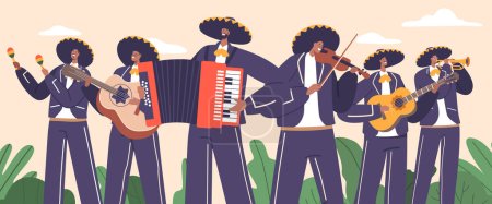 Téléchargez les illustrations : Personnages mariachis animés Musique jouant des instruments mexicains traditionnels comme des trompettes, des violons et des guitares, créant une expérience musicale vibrante et captivante. Illustration vectorielle de bande dessinée - en licence libre de droit
