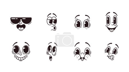 Illustration for Retro Cartoon Emoji Set, Nostalgic Collection Of Vintage-inspired Emoticons. Cool, Whistle, Smile and Surprised Faces, Adding A Touch Of Classic Charm To Digital Conversations. Vector Illustration - Royalty Free Image