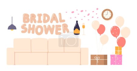 Illustration for Set of Icons for The Bridal Shower Celebration. Sofa, Lamps, Balloons and Champagne with Gift Boxes. Room Interior Elements Feature Soft Pastel Colors, And Decorations. Cartoon Vector Illustration - Royalty Free Image
