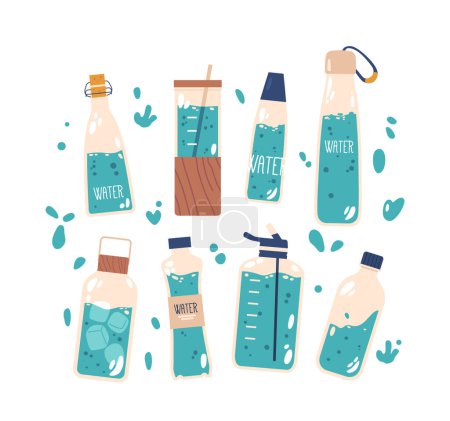 Ilustración de Conjunto de múltiples botellas de agua en varios tamaños, perfecto para mantenerse hidratado sobre la marcha. Duradero, reutilizable y conveniente para una variedad de actividades como fitness o deporte. Ilustración de vectores de dibujos animados - Imagen libre de derechos