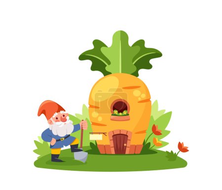 Illustration for Gnome Gardener with Spade near the Carrot House. Isolated Ripe Vegetable Hut With Wooden Door and Window. Fantasy Building With Green Leaves. Fairy, Dwarf Or Elf Cute Home. Cartoon Vector Illustration - Royalty Free Image