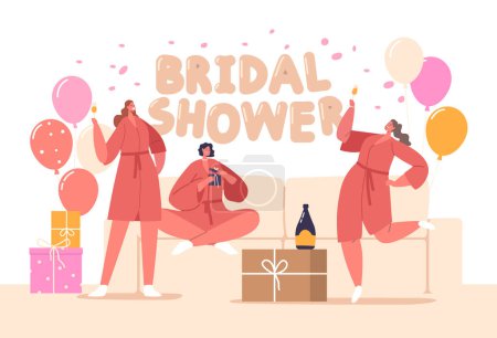 Illustration for Female Friends Characters Gather To Honor The Bride-to-be With A Joyous Bridal Shower. Share Gifts, Laughter, And Wishes In Anticipation Of Her Upcoming Wedding Day. Cartoon People Vector Illustration - Royalty Free Image