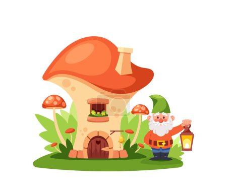 Fairytale Dwarf Holding Lantern Near The Mushroom House. Cartoon Gnome Dwelling. Home With Wooden Door, Window And Pipe On Roof. Cute Fantasy Hut On Green Field. Cartoon Vector Illustration