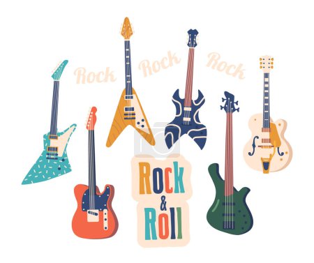 Illustration for Electric Rock Guitars Set Feature Solid Bodies And Metal Strings. Amps Amplify Sound Through Magnetic Pickups, Producing A Signature Distorted Tone In Rock Music. Cartoon Vector Illustration - Royalty Free Image