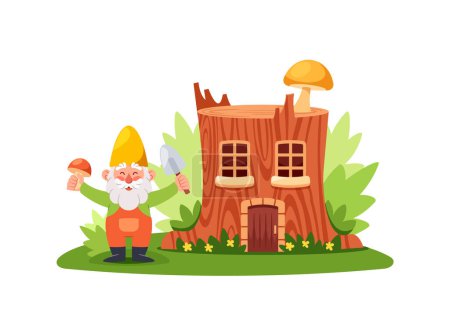 Cartoon Gnome Gardener Character near the Fairytale Stump House, Stub Home, Fairy Dwelling For Dwarf With Wooden Door, Windows And Mushroom On Roof. Cute Fantasy Building On Field. Vector Illustration