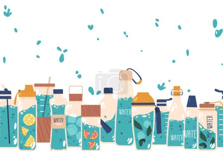Illustration for Seamless Pattern Featuring Water Bottles Horizontal Border or Frame, Creating A Repetitive Design Suitable For Various Applications Like Packaging, Textiles And Stationery. Cartoon Vector Illustration - Royalty Free Image