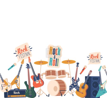 Illustration for Seamless Pattern Featuring A Variety Of Rock Music Instruments, Including Electric Guitars, Drums, Microphones, And Amplifiers, Creating A Vibrant And Energetic Design. Cartoon Vector Illustration - Royalty Free Image