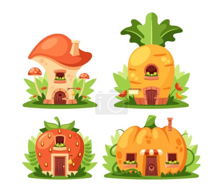Illustration for Mushroom, Carrot, Strawberry and Pumpkin Enchanting Fairytale Houses Are Whimsically Designed With Colorful Facades, Roofs, And Doors, Magical And Otherworldly Dwellings. Cartoon Vector Illustration - Royalty Free Image
