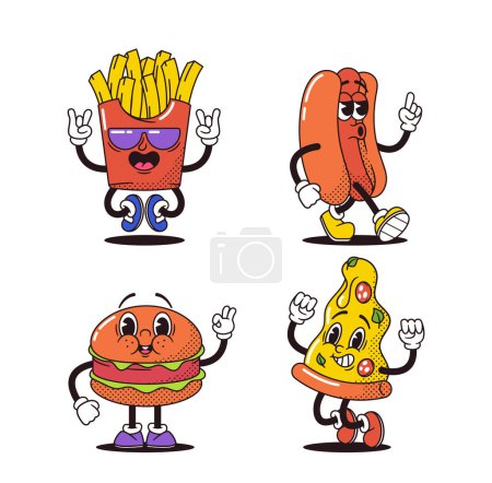 Téléchargez les illustrations : Retro Cartoon Fast Food personnages groovy. Frites, hot-dog, hamburger et pizza Exude l'énergie vibrante avec tenue colorée, mouvements de danse funky et accrocheur, esprit nostalgique. Illustration vectorielle - en licence libre de droit