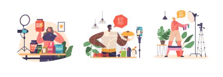 Illustration for Influencer Characters Promote Sports Equipment and Nutrition Through Engaging Content, Showcasing Product Features, Benefits, And Personal Experiences, Inspiring Followers To Embrace Active Lifestyle - Royalty Free Image