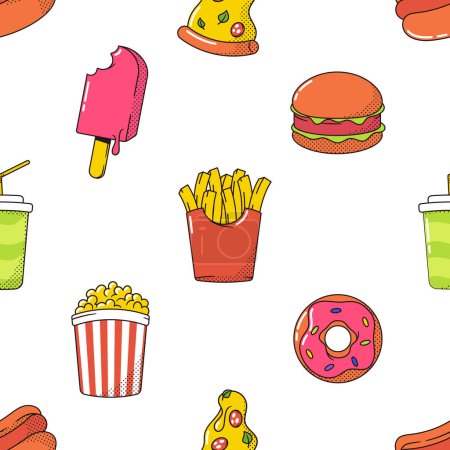 Ilustración de Patrón vibrante sin costuras con una deliciosa variedad de artículos de comida rápida, que incluyen hamburguesas, papas fritas, pizza y refrescos, helado o rosquilla, creando un diseño que riega la boca. Ilustración de vectores de dibujos animados - Imagen libre de derechos