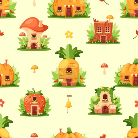 Illustration for Cartoon Fairytale Houses And Dwellings Seamless Pattern. Fantasy Tile Repeat Background With Strawberry, Mushroom, Pumpkin And Carrot, Stump Or Hut Cute Fairy Buildings. Cartoon Vector Illustration - Royalty Free Image