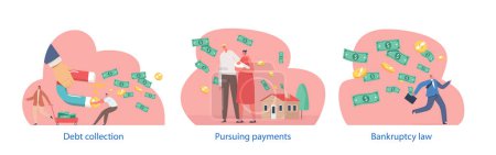 Illustration for Isolated Elements with Characters Perform Debt Collection Scenes, Pursuing Payment For Outstanding Debts Owed By Individuals Or Businesses To Recover The Owed Funds. Cartoon People Vector Illustration - Royalty Free Image