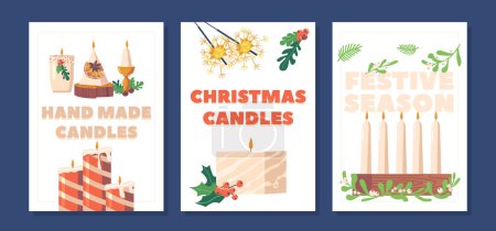 Téléchargez les illustrations : Bannières festives ornées de charmantes bougies de Noël faites à la main, ajoutant de la chaleur et de la joie aux décorations de vacances. Parfait pour répandre la joie et créer une ambiance chaleureuse. Illustration vectorielle de bande dessinée - en licence libre de droit